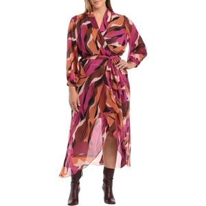 NWT DONNA MORGAN Abstract Print Long Sleeve Wrap Midi Dress. Size 14‎